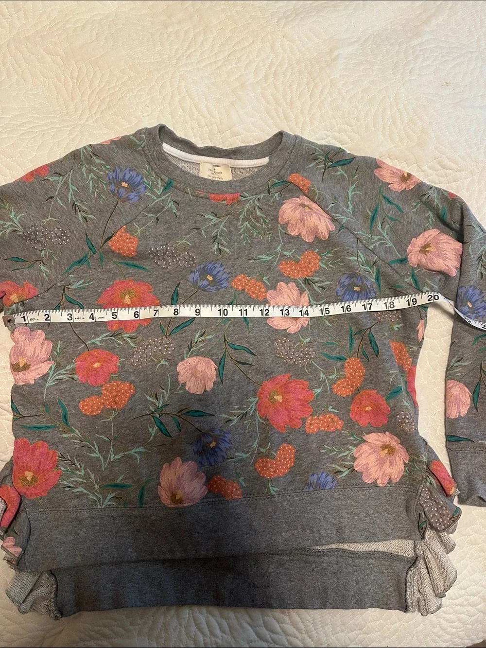 Kate Spade Gray Floral Crewneck Sweater with Pink, Red & Blue Blooms